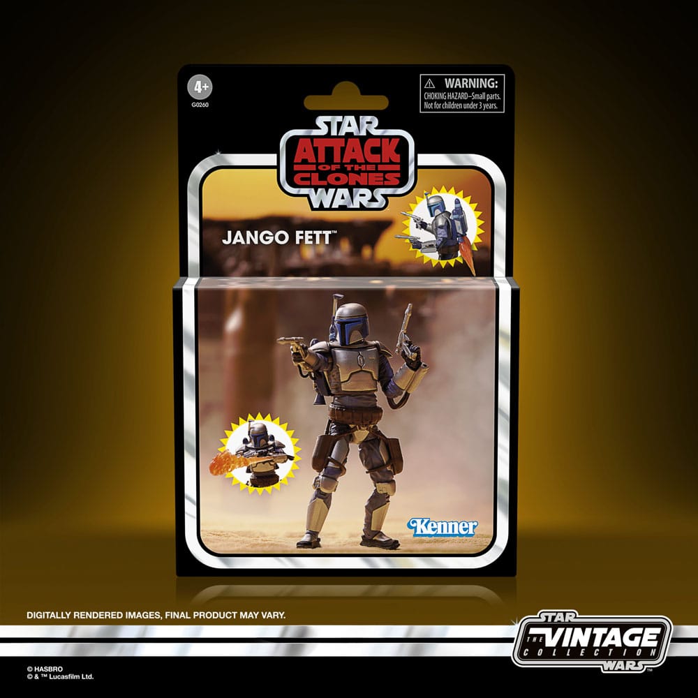 Figura de acción de 10 cm del personaje JANGO FETT VINTAGE COLLECTION de la famosa saga Star Wars, en este caso de mano del fabricante HASBRO