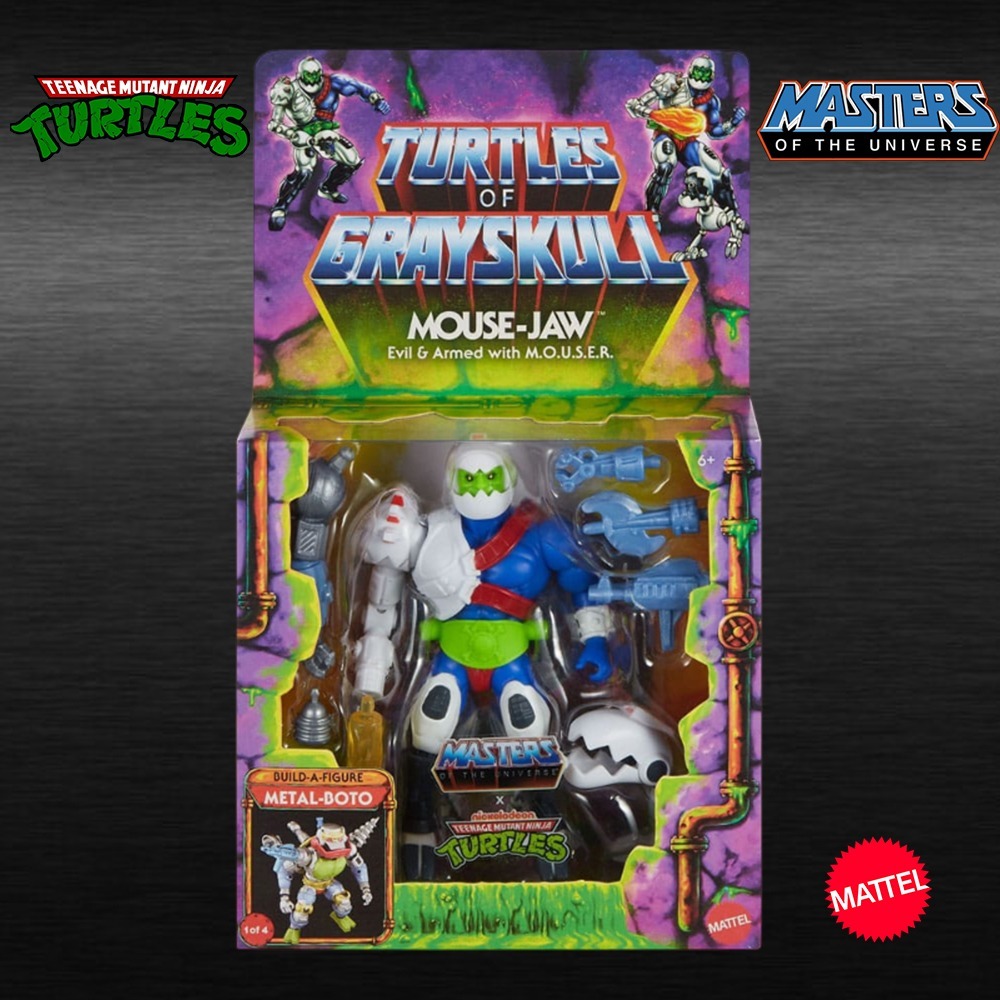 Figura de acción articulada del personaje MOUSE-JAW MOTU x TMNT TURTLES OF GRAYSKULL MASTERS DEL UNIVERSO del crossover entre Masters del universo y Tortugas Ninja del fabricante Mattel