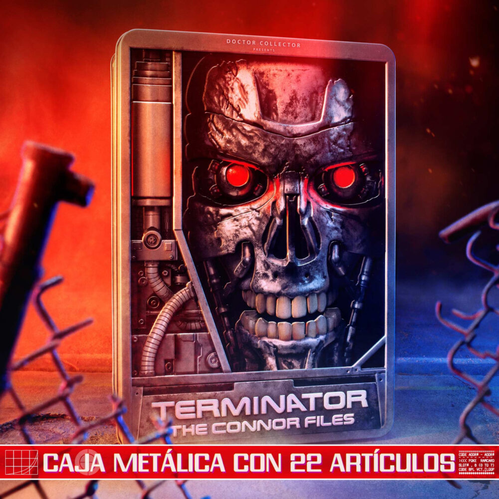 TERMINATOR THE CONNOR FILES KIT DOCTOR COLLECTOR. Sumérgete en el apocalipsis y únete a la resistencia con este exclusivo set inspirado en las dos películas que lo empezaron todo: Terminator (1984) y Terminator 2: El día del juicio final (1991). Desde el caos empapado de neón de Tech Noir hasta los laboratorios ocultos de Cyberdyne Systems, este set de coleccionista te transporta directamente a la batalla entre el hombre y la máquina, donde la lucha no ha hecho más que empezar.