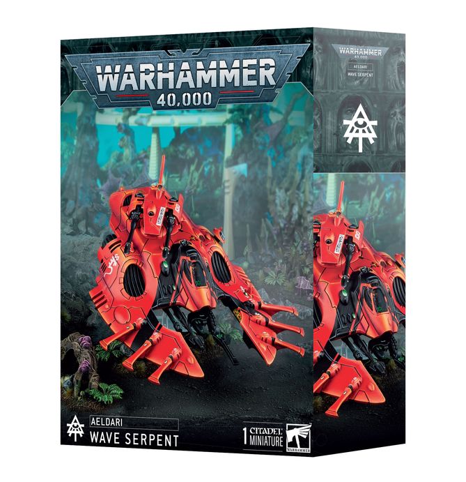 AELDARI: WAVE SERPENT (SERPIENTE) Las Serpientes son los principales vehículos para el transporte de tropas en el arsenal de los mundos astronave, y llevan guerreros a cualquier parte del campo de batalla a velocidades de vértigo. Los soldados a bordo están protegidos por un poderoso campo de energía y por el fuego de cobertura del potente arsenal de armas pesadas del vehículo.