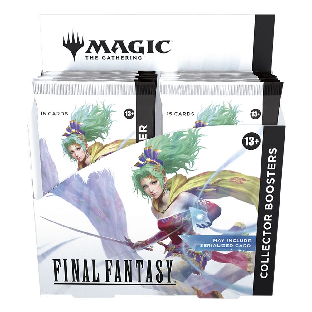 CAJA DE SOBRES DE COLECCIONISTA MAGIC THE GATHERING FINAL FANTASY (INGLÉS) (12). ¡Toda la saga FINAL FANTASY está aquí! Muy pronto, los jugadores se sumergirán en los mundos de las dieciséis entregas principales de la querida serie de juegos de rol FINAL FANTASY. En concreto, los mazos de Commander contarán principalmente con cartas inspiradas en FINAL FANTASY VI, FINAL FANTASY VII, FINAL FANTASY X y FINAL FANTASY XIV. Los jugadores lanzarán hechizos poderosos, lucharán junto a invocaciones clásicas y visitarán sus lugares favoritos a lomos de un chocobo.