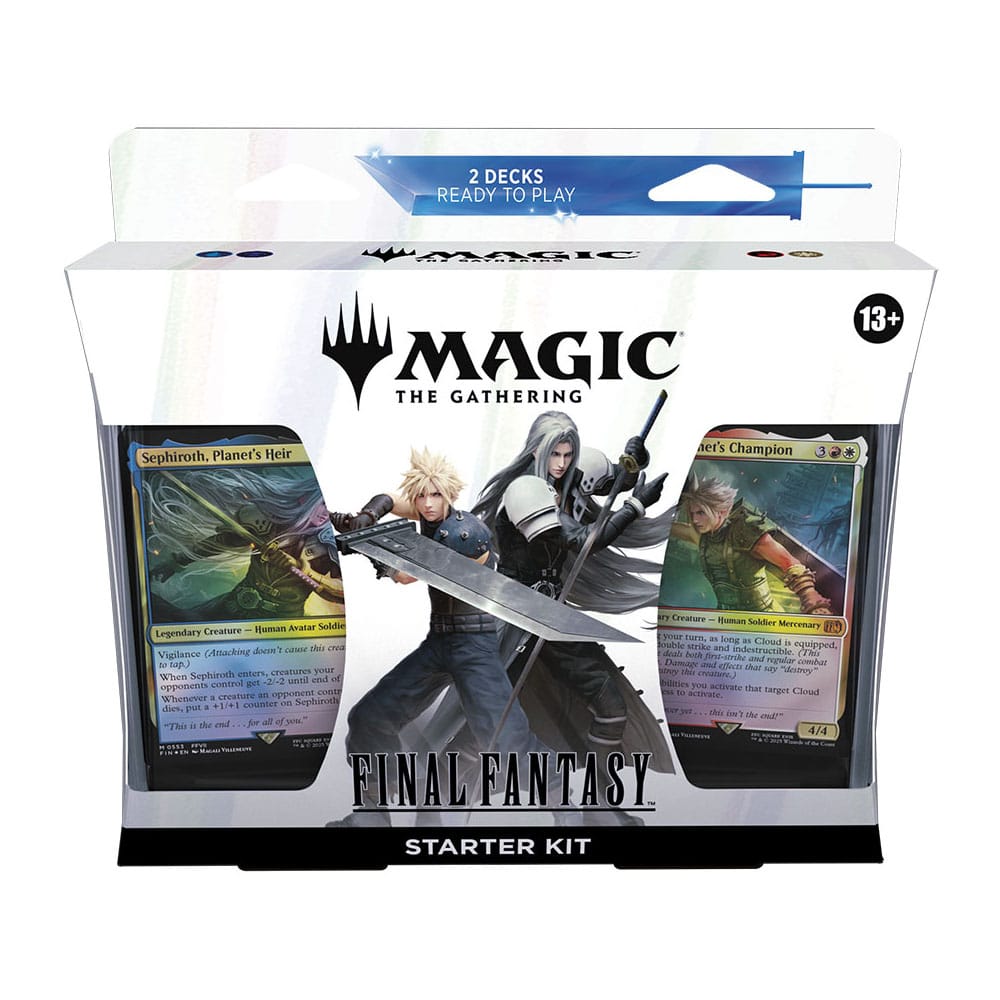 STARTER KIT MAGIC THE GATHERING FINAL FANTASY (INGLÉS). ¡Toda la saga FINAL FANTASY está aquí! Muy pronto, los jugadores se sumergirán en los mundos de las dieciséis entregas principales de la querida serie de juegos de rol FINAL FANTASY. Los jugadores lanzarán hechizos poderosos, lucharán junto a invocaciones clásicas y visitarán sus lugares favoritos a lomos de un chocobo. Si alguien quiere jugar con Cloud, campeón del planeta o con Sefirot, heredero del planeta, ¡recomiéndale el Kit de inicio! Con sus dos mazos de 60 cartas listos para jugar, este kit guía a los principiantes en su primer juego de Magic a la vez que les permite disfrutar de personajes y momentos de varias entregas de FINAL FANTASY.