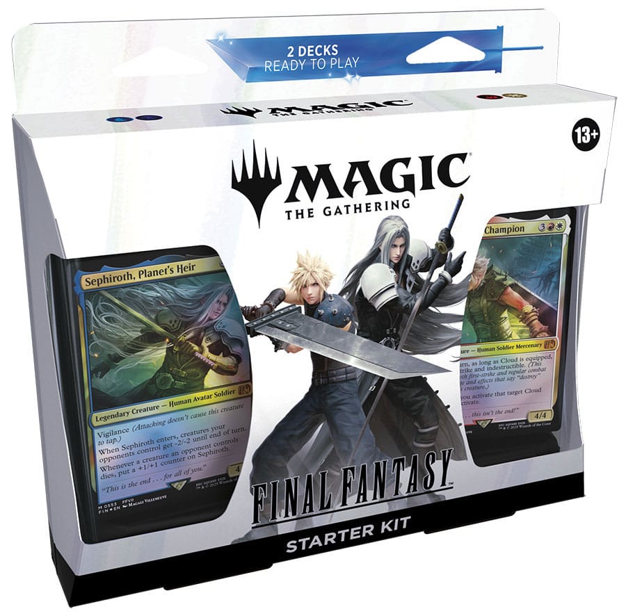 STARTER KIT MAGIC THE GATHERING FINAL FANTASY (INGLÉS). ¡Toda la saga FINAL FANTASY está aquí! Muy pronto, los jugadores se sumergirán en los mundos de las dieciséis entregas principales de la querida serie de juegos de rol FINAL FANTASY. Los jugadores lanzarán hechizos poderosos, lucharán junto a invocaciones clásicas y visitarán sus lugares favoritos a lomos de un chocobo. Si alguien quiere jugar con Cloud, campeón del planeta o con Sefirot, heredero del planeta, ¡recomiéndale el Kit de inicio! Con sus dos mazos de 60 cartas listos para jugar, este kit guía a los principiantes en su primer juego de Magic a la vez que les permite disfrutar de personajes y momentos de varias entregas de FINAL FANTASY.