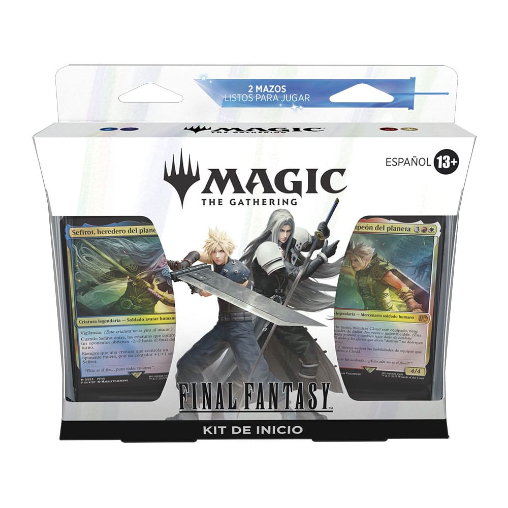 STARTER KIT MAGIC THE GATHERING FINAL FANTASY (CASTELLANO). ¡Toda la saga FINAL FANTASY está aquí! Muy pronto, los jugadores se sumergirán en los mundos de las dieciséis entregas principales de la querida serie de juegos de rol FINAL FANTASY. Los jugadores lanzarán hechizos poderosos, lucharán junto a invocaciones clásicas y visitarán sus lugares favoritos a lomos de un chocobo. Si alguien quiere jugar con Cloud, campeón del planeta o con Sefirot, heredero del planeta, ¡recomiéndale el Kit de inicio! Con sus dos mazos de 60 cartas listos para jugar, este kit guía a los principiantes en su primer juego de Magic a la vez que les permite disfrutar de personajes y momentos de varias entregas de FINAL FANTASY.