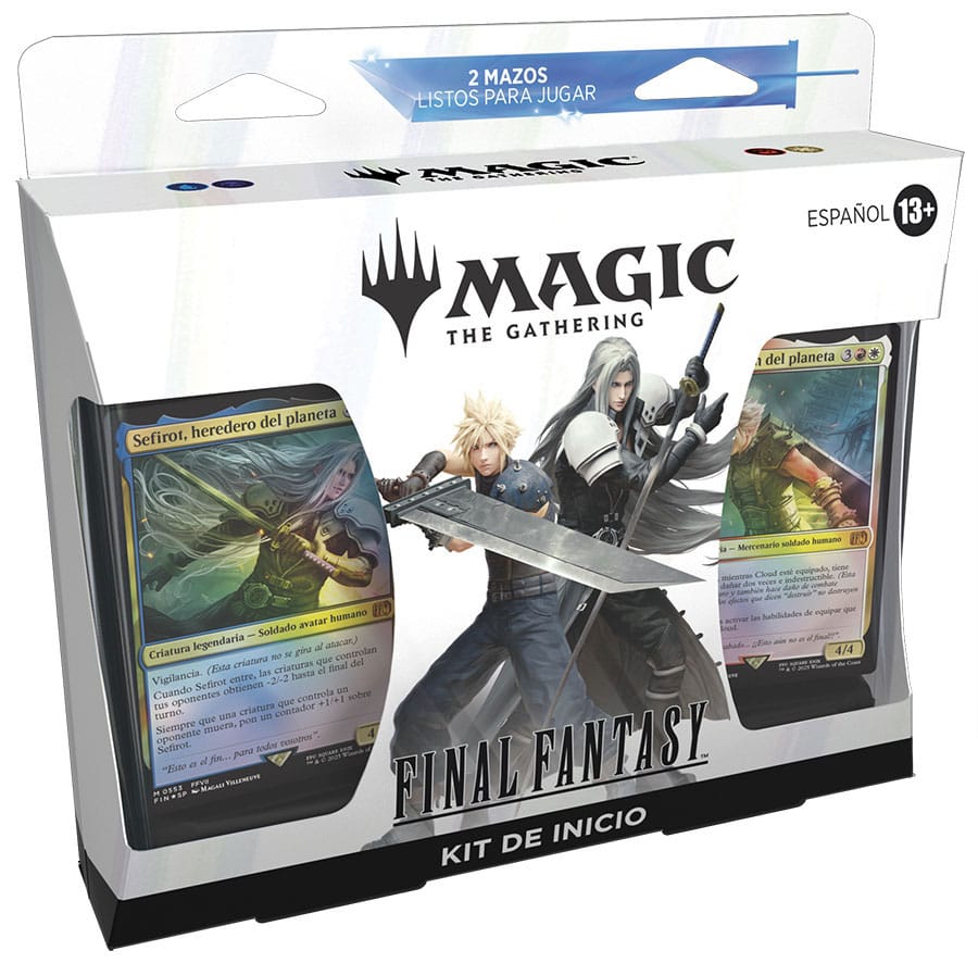 STARTER KIT MAGIC THE GATHERING FINAL FANTASY (CASTELLANO). ¡Toda la saga FINAL FANTASY está aquí! Muy pronto, los jugadores se sumergirán en los mundos de las dieciséis entregas principales de la querida serie de juegos de rol FINAL FANTASY. Los jugadores lanzarán hechizos poderosos, lucharán junto a invocaciones clásicas y visitarán sus lugares favoritos a lomos de un chocobo. Si alguien quiere jugar con Cloud, campeón del planeta o con Sefirot, heredero del planeta, ¡recomiéndale el Kit de inicio! Con sus dos mazos de 60 cartas listos para jugar, este kit guía a los principiantes en su primer juego de Magic a la vez que les permite disfrutar de personajes y momentos de varias entregas de FINAL FANTASY.