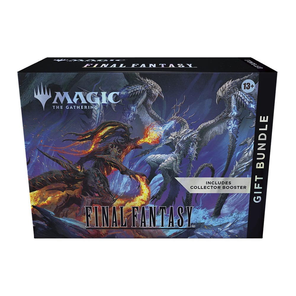 BUNDLE GIFT EDITION MAGIC THE GATHERING FINAL FANTASY (INGLÉS). ¡Toda la saga FINAL FANTASY está aquí! Muy pronto, los jugadores se sumergirán en los mundos de las dieciséis entregas principales de la querida serie de juegos de rol FINAL FANTASY. El Bundle Gift Edition es el kit definitivo para fans tanto si quieren darle un impulso a su propia colección como hacerle un regalo de Magic a otra persona. Gracias a sus cartas promocionales foil con arte extendido, un sobre de coleccionista y un contador de vidas Spindown exclusivo. El Bundle Gift Edition ofrece a los jugadores una magnífica muestra de los mundos de FINAL FANTASY.