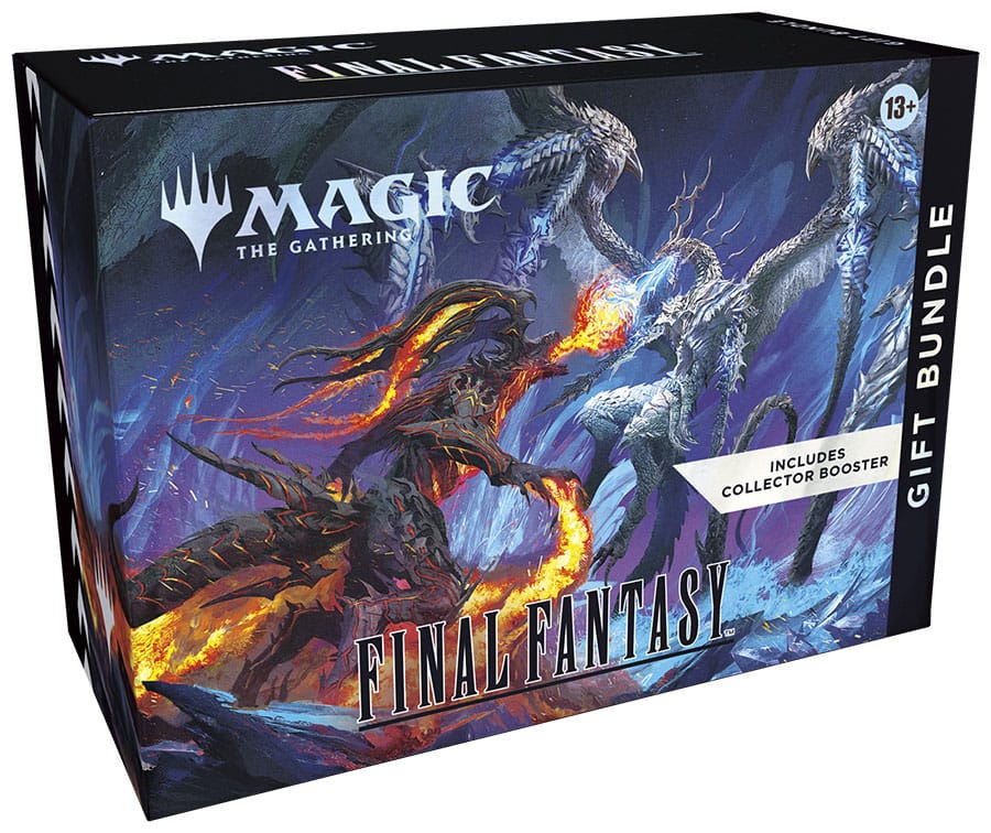 BUNDLE GIFT EDITION MAGIC THE GATHERING FINAL FANTASY (INGLÉS). ¡Toda la saga FINAL FANTASY está aquí! Muy pronto, los jugadores se sumergirán en los mundos de las dieciséis entregas principales de la querida serie de juegos de rol FINAL FANTASY. El Bundle Gift Edition es el kit definitivo para fans tanto si quieren darle un impulso a su propia colección como hacerle un regalo de Magic a otra persona. Gracias a sus cartas promocionales foil con arte extendido, un sobre de coleccionista y un contador de vidas Spindown exclusivo. El Bundle Gift Edition ofrece a los jugadores una magnífica muestra de los mundos de FINAL FANTASY.