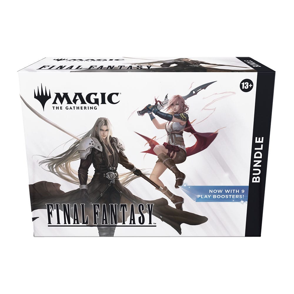 BUNDLE MAGIC THE GATHERING FINAL FANTASY (INGLÉS) ¡Toda la saga FINAL FANTASY está aquí! Muy pronto, los jugadores se sumergirán en los mundos de las dieciséis entregas principales de la querida serie de juegos de rol FINAL FANTASY. Lanzarán hechizos poderosos, lucharán junto a invocaciones clásicas y visitarán sus lugares favoritos a lomos de un chocobo. Aquí tendrán un sinfín de material de los juegos para que narren su propia historia. Un bundle es un regalo estupendo tanto para superfans de Magic como para los recién llegados que visiten tu tienda. Este producto contiene un poco de todo para dar un buen empujón a las colecciones de los jugadores, además de un contador de vidas Spindown sobredimensionado con la temática de la colección.