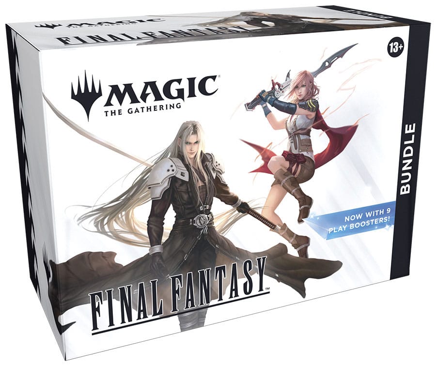 BUNDLE MAGIC THE GATHERING FINAL FANTASY (INGLÉS) ¡Toda la saga FINAL FANTASY está aquí! Muy pronto, los jugadores se sumergirán en los mundos de las dieciséis entregas principales de la querida serie de juegos de rol FINAL FANTASY. Lanzarán hechizos poderosos, lucharán junto a invocaciones clásicas y visitarán sus lugares favoritos a lomos de un chocobo. Aquí tendrán un sinfín de material de los juegos para que narren su propia historia. Un bundle es un regalo estupendo tanto para superfans de Magic como para los recién llegados que visiten tu tienda. Este producto contiene un poco de todo para dar un buen empujón a las colecciones de los jugadores, además de un contador de vidas Spindown sobredimensionado con la temática de la colección.