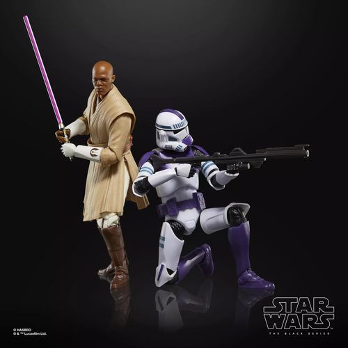 Pack de dos figuras de acción articuladas de 16 cm de los personajes MACE WINDU & CLONE TROOPER STAR WARS BLACK SERIES de HASBRO