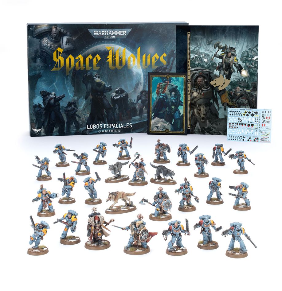 SPACE WOLVES ARMY SET (ESPAÑOL). Los Lobos Espaciales son una estirpe salvaje y bestial. Procedentes del mundo letal de Fenris, son un Capítulo sin igual de Marines Espaciales del Emperador. Temerarios e indómitos, van a la guerra con pieles gruesas, talismanes tribales y tótems, aullando como los lobos de su gélido hogar. Los salvajes e impetuosos Garras Sangrientas, los severos y disciplinados Cazadores Grises y los poderosos campeones de la Guardia del Lobo se reúnen aquí para acabar con los enemigos del Padre de todas las cosas y ganarse su lugar en las sagas de su noble Capítulo. Esta caja contiene el núcleo para un nuevo ejército de Lobos Espaciales o una expansión para tu colección actual. Un Jefe de Batalla de la Guardia del Lobo lidera desde el frente, listo para escribir su propia saga. Un Sacerdote Lobo permanece junto a él para apoyar espiritualmente a las tropas y curar sus heridas. Un trío de poderosos veteranos Cortacabezas de la Guardia del Lobo respaldan la infantería, junto con sus leales Lobos Cazadores. Los Cazadores Grises y los Garras Sangrientas forman la línea de batalla, listos para lanzarse de cabeza hacia el conflicto. Las miniaturas de esta caja son fáciles de personalizar. El Jefe de Batalla de la Guardia del Lobo puede elegir entre tres cabezas y puede armarse con un martillo de trueno o un arma de energía artesanal, además de una pistola de plasma, una pistola bólter artesanal o un escudo de tormenta. El Sacerdote Lobo también puede elegir entre tres cabezas, y puede reemplazar su pistola bólter absolvor por una daga ritual. Los Cortacabezas de la Guardia del Lobo pueden elegir entre nueve cabezas distintas y pueden portar un par de armas de energía artesanales o un escudo de tormenta y un arma de energía artesanal.