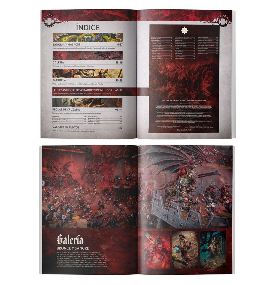 CODEX: WORLD EATERS (ESPAÑOL) es un libro fundamental para coleccionistas que disfrutan desatando a los elegidos de Khorne sobre una galaxia desprevenida. Este impresionante tomo está repleto de ilustraciones sangrientas, material de trasfondo aterrador, fotografías impactantes y las reglas necesarias para dar rienda suelta a tus feroces guerreros en partidas de Warhammer 40,000. Encontrarás hojas de datos, destacamentos, reglas narrativas de Cruzada y una sección completa de Patrulla para librar partidas tácticas y reñidas con tu colección. Este libro te permitirá vivir tu adoración al Dios de la Sangre independientemente de cómo te guste coleccionar, pintar y jugar con tus Devoradores de Mundos.