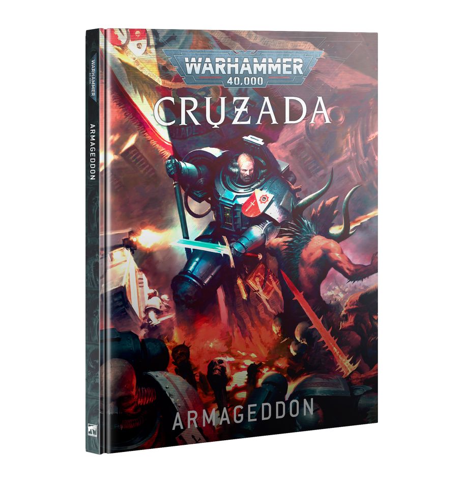 CRUSADE: ARMAGEDDON (ESPAÑOL).  El mundo colmena de Armageddon, ya castigado por tormentas disformes y la corrupción del empíreo, se enfrenta a un nuevo conflicto. En las abrasadoras tierras de los Yermos de Fuego, una fisura disforme, conocida como la Puerta del Ángel Rojo, ha surgido con violencia, desatando torrentes de energía empírea y oleadas de daemons sedientos de sangre. Y, al tiempo que la corrupción se va propagando, las colmenas de Armageddon hierven de insurrecciones y rebeliones herejes. Cruzada: Armageddon es una expansión narrativa para Warhammer 40,000 que narra un nuevo y brutal capítulo en la saga del conflicto que azota Armageddon, donde el panorama bélico es desolador. El libro también ofrece las reglas necesarias para librar partidas narrativas, crear y mejorar un ejército de Cruzada entre batallas, y liderar tus propias campañas.