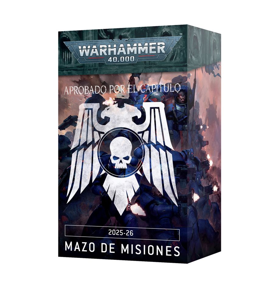CHAPTER APPROVED 2025-26: MISSION DECK (ESPAÑOL). La galaxia del 41.er Milenio está asolada por la guerra en mil frentes: el Imperium sufre el asedio de ambiciosos xenos, perturbadores daemons y rebeldes traidores por doquier. Este pack contiene las reglas necesarias para jugar misiones de Incursión, Fuerza de choque y Guerra asimétrica en Warhammer 40,000. Las misiones se han diseñado expresamente para funcionar tanto en partidas competitivas como informales. El pack trae una secuencia de misiones fácil de seguir, un conjunto de marcadores de objetivo de cartón y los mazos de Despliegue, Misión primaria, Misión secundaria, Retador y Giro necesarios para dos jugadores.
