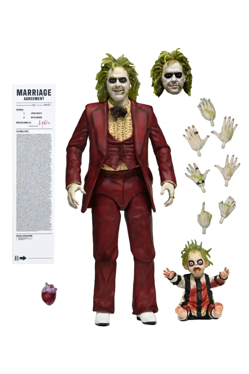 Beetlejuice red tuxedo scale action neca. De la secuela de la obra maestra de tim burton de 2024, beetlejuice beetlejuice, llega otro ultimate beetlejuice, luciendo su infame esmoquin de boda roja.   treinta y seis años después, beetlejuice está tramando una vez más para casarse con lydia y finalmente escapar de la vida después de la vida.   aparece en su icónico look para interrumpir la propia boda de lydias e interpreta la clásica canción de 1968 "macarthur park", con la esperanza de ganarse finalmente sobre el amor de su vida y estar encerrado en el matrimonio eterno.   esta escala de 7 pulgadas, figura de acción totalmente articulada incluye placas y manos intercambiables, corazón, maldito baby beetlejuice, y el contrato de matrimonio firmado por lydia.   viene en el embalaje de window-box con abertura frontal, perfecto para su colección de horror. Dile su nombre tres veces y trae a este increíble neca ultimate a casa, a casa, a casa