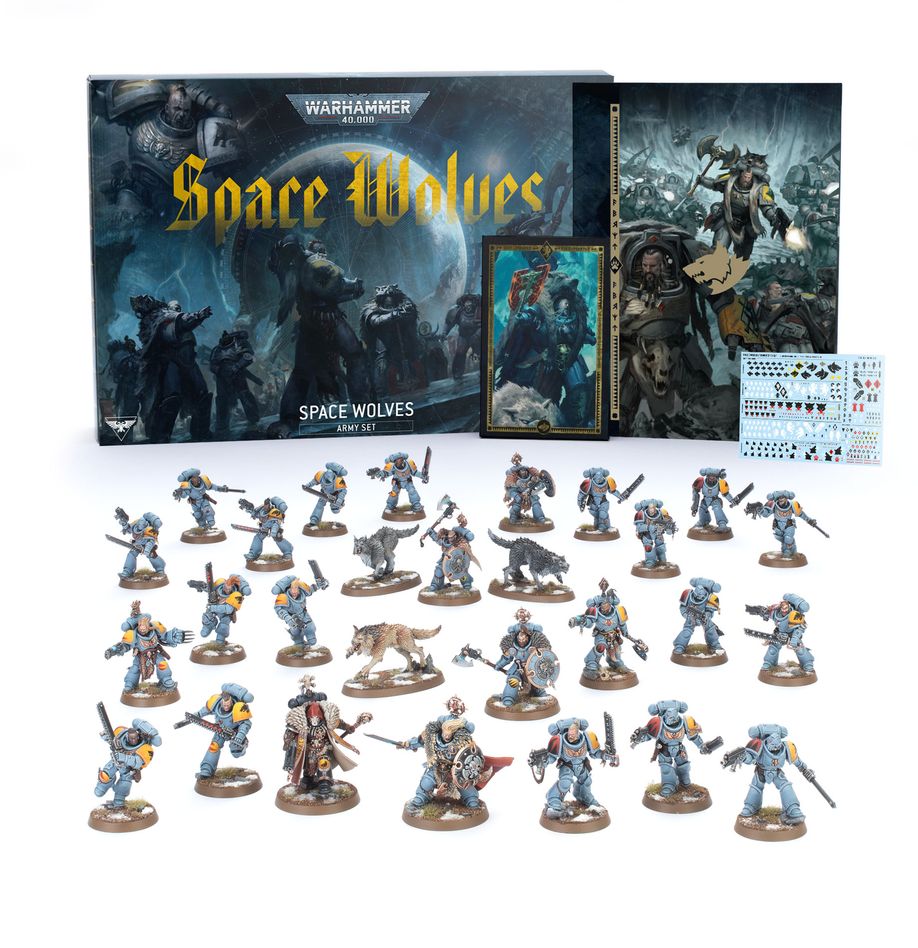 SPACE WOLVES ARMY SET (INGLÉS). Solo en inglés. The Space Wolves are a feral and bestial breed. Hailing from the death world Fenris, they are a Chapter of the Emperor’s Space Marines like no other. Headstrong and savage, they go to war bearing thick pelts, tribal talismans and totems, howling like the wolves of their frigid home. The feral and impetuous Blood Claws, stern and disciplined Grey Hunters, and mighty champions of the Wolf Guard gather to tear the Allfather's enemies apart and earn their place in the sagas of their noble Chapter. This box builds the core of a new Space Wolf army, or an expansion for your existing collection. A Wolf Guard Battle Leader leads from the front, ready to write his own saga. A Wolf Priest stands by to support the troops spiritually, and heal their wounds. A trio of mighty Wolf Guard Headtaker veterans underpin the infantry, along with their loyal Hunting Wolves. Grey Hunters and Blood Claws form the battle line, ready to plunge headlong into the fray.