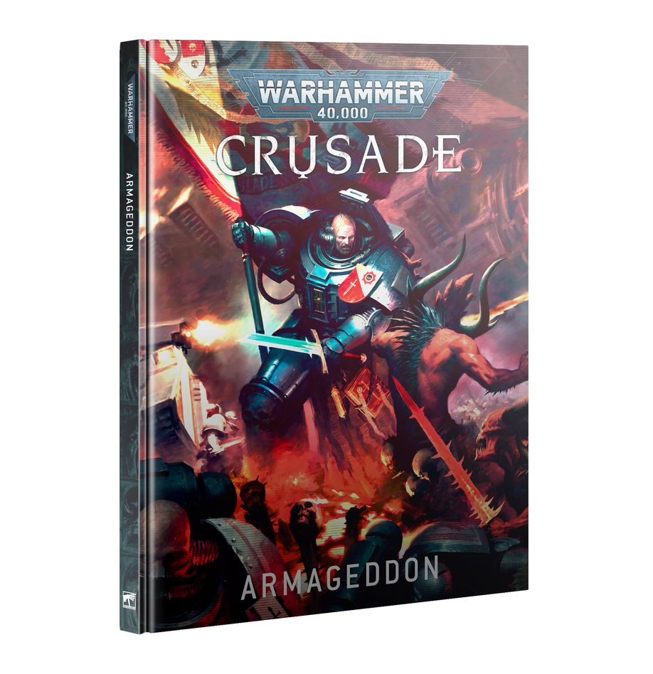 CRUSADE: ARMAGEDDON (INGLÉS). Solo en inglés. With the hive world of Armageddon battered by Warp storms and empyric corruption, a new conflict dawns. Amid the blazing Fire Wastes, the Warp rift known as the Red Angel's Gate has erupted into being, and from its cursed depths flood torrents of empyric energy and tides of bloodthirsty daemons. As the corruption spreads, Armageddon's hives seethe with heretic uprisings and rebellions. Crusade: Armageddon is a narrative expansion for Warhammer 40,000. It details the brutal next chapter in the ongoing saga of the conflict raging around Armageddon, and the bleak state of the war efforts. The book also includes the rules to play narrative games, build and upgrade a Crusade army between battles, and run your own campaigns.