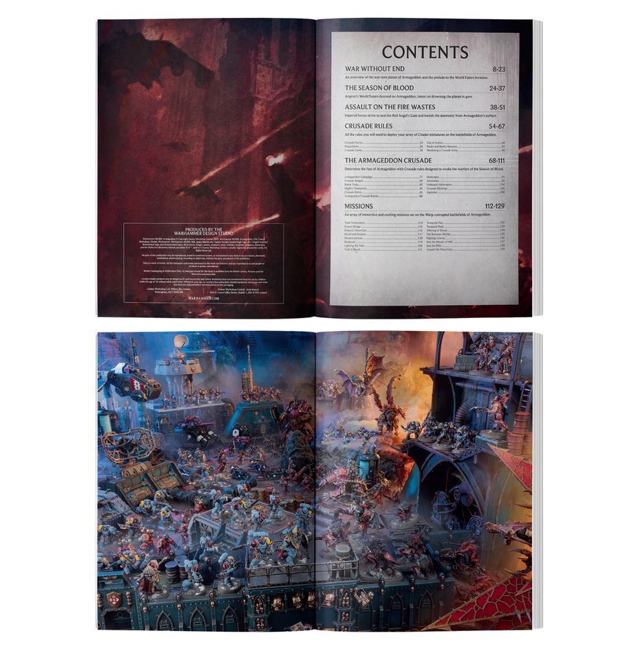 Crusade: armageddon (inglés). Solo en inglés. With the hive world of armageddon battered by warp storms and empyric corruption, a new conflict dawns. Amid the blazing fire wastes, the warp rift known as the red angel's gate has erupted into being, and from its cursed depths flood torrents of empyric energy and tides of bloodthirsty daemons. As the corruption spreads, armageddon's hives seethe with heretic uprisings and rebellions. Crusade: armageddon is a narrative expansion for warhammer 40,000. It details the brutal next chapter in the ongoing saga of the conflict raging around armageddon, and the bleak state of the war efforts. The book also includes the rules to play narrative games, build and upgrade a crusade army between battles, and run your own campaigns.