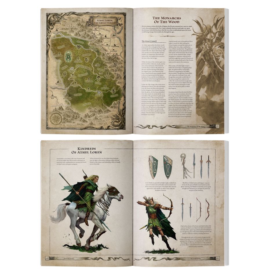 ARCANE JOURNAL: WOOD ELF REALMS (INGLÉS). Solo en inglés. The Wood Elves made the great forest of Athel Loren their home in the ancient days, and have defended it from Orcs, Beastmen, Dwarfs, and anyone else who would violate their sacred groves. Rejecting heavy armour, they are light on their feet, moving through the forest with ease and grace to ambush their clumsy foes. This essential guide delves into the mysterious background and lore of the Wood Elf Realms, and gives you additional rules to use in your games of Warhammer: The Old World. Combined with Warhammer: The Old World – Forces of Fantasy, you'll have plenty of options and more in-depth rules to get the most out of your Asrai warriors and mystical woodland spirits on the tabletop.