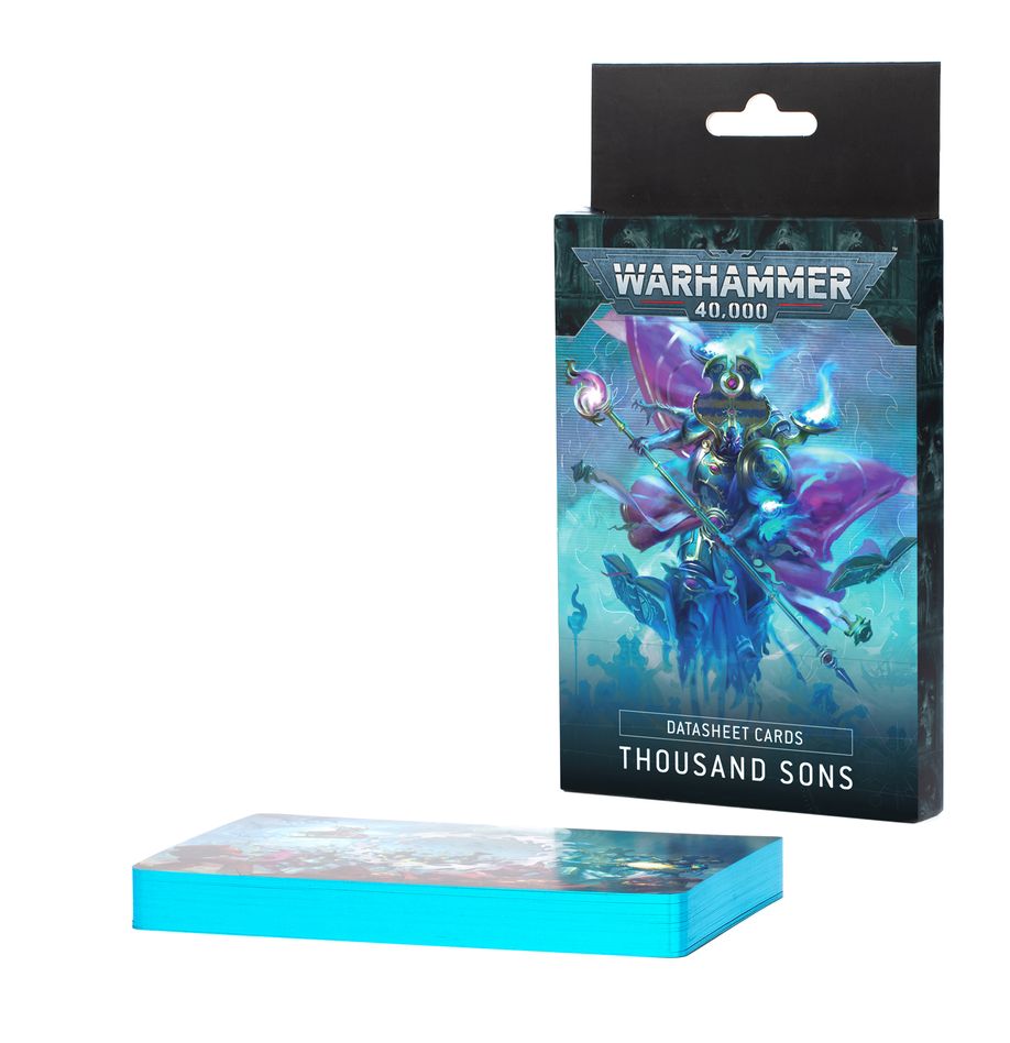 Datasheet cards: thousand sons (inglés). Solo en inglés. The thousand sons advance into battle amidst gouts of kaleidoscopic warpflame and bolts of raw sorcery. These sanity-blasting hosts fight to further the labyrinthine plans of their deity, the chaos god tzeentch. This set of 39 cards will help you keep track of your thousand sons units in games of warhammer 40,000. There are individual datasheet cards for every unit – detailing their profiles, wargear, options, and special abilities. They're an ideal way to easily check key information in the heat of battle. You'll also find a reference card for the thousand sons army rule and special datasheet cards for use in combat patrol games.