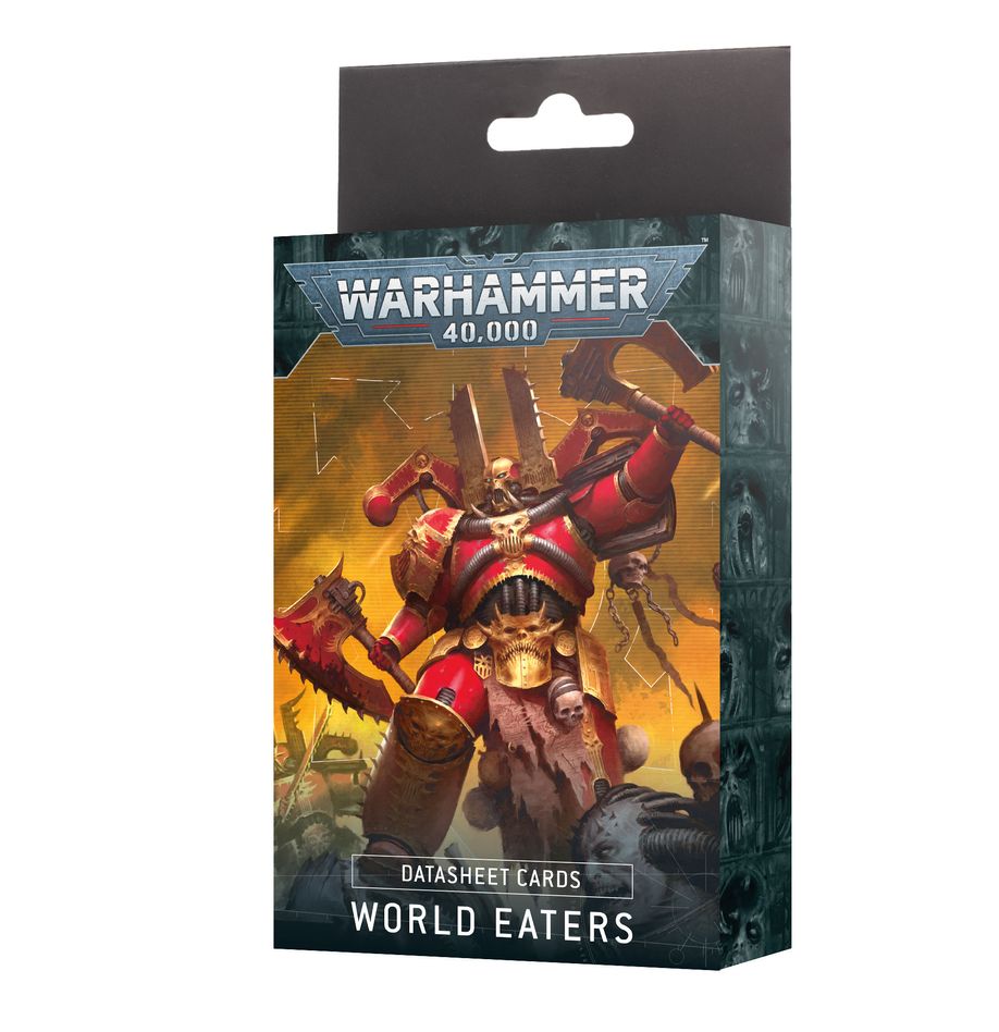 DATASHEET CARDS: WORLD EATERS Solo en inglés. The armies of the World Eaters are unsubtle hordes of frenzied warriors, slavering daemons, and enraged cultists barely organised into a fighting force. They rush forward with little thought for tactics, merely attempting to spill as much blood for their god as possible.