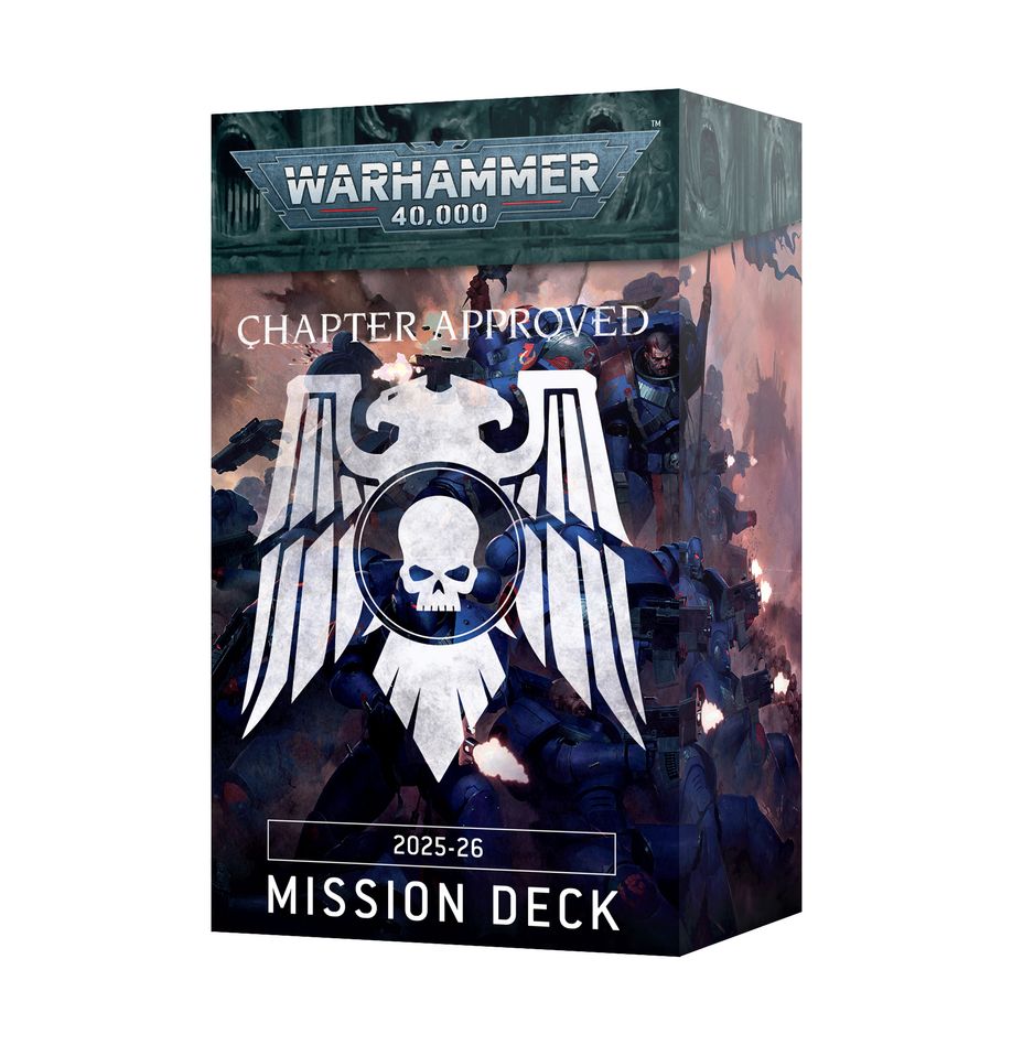 CHAPTER APPROVED 2025-26: MISSION DECK (INGLÉS). Solo en inglés. The galaxy of 41st Millennium is torn apart by war on a thousand fronts – the Imperium is beset on all sides by ambitious xenos, mind-bending daemons, and treacherous rebels. This pack contains the rules required to play Incursion, Strike Force, and Asymmetric War missions in Warhammer 40,000. The missions within have been explicitly designed to work in both competitive and casual games. This pack contains an easy-to-follow mission sequence, a set of cardboard objective markers, and the Deployment, Primary Mission, Secondary Mission, Challenger, and Twist decks needed for two players.