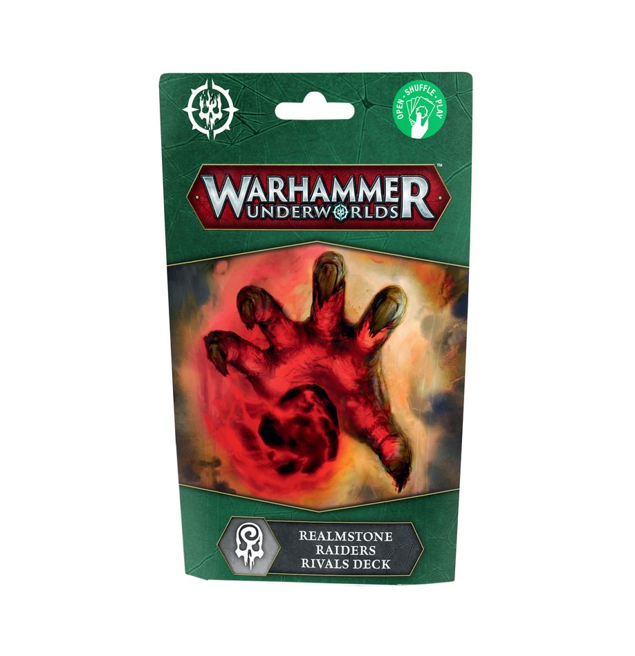Realmstone raiders rivals deck (inglés) solo en inglés. For most souls, there is only one reason to travel to embergard – to collect emberstone. Within each bright, burning coal of aqshian realmstone flickers power that anyone would long to possess. Everything is secondary to collecting more of it. Even killing an enemy might be forgotten in favour of seizing the arcane fragments they bear. Realmstone raiders is a complete and ready-to-play rivals deck, usable by any warband in your games of warhammer underworlds. Just open the pack, shuffle the cards, and you're good to go! The deck is classed under the mastery playstyle, which encourages you to attack your foes to harness the power of emberstone ploys and upgrades, and would work well with a mastery-style warband. Use these cards on their own, or mix and match them with another set to create a custom nemesis format deck.