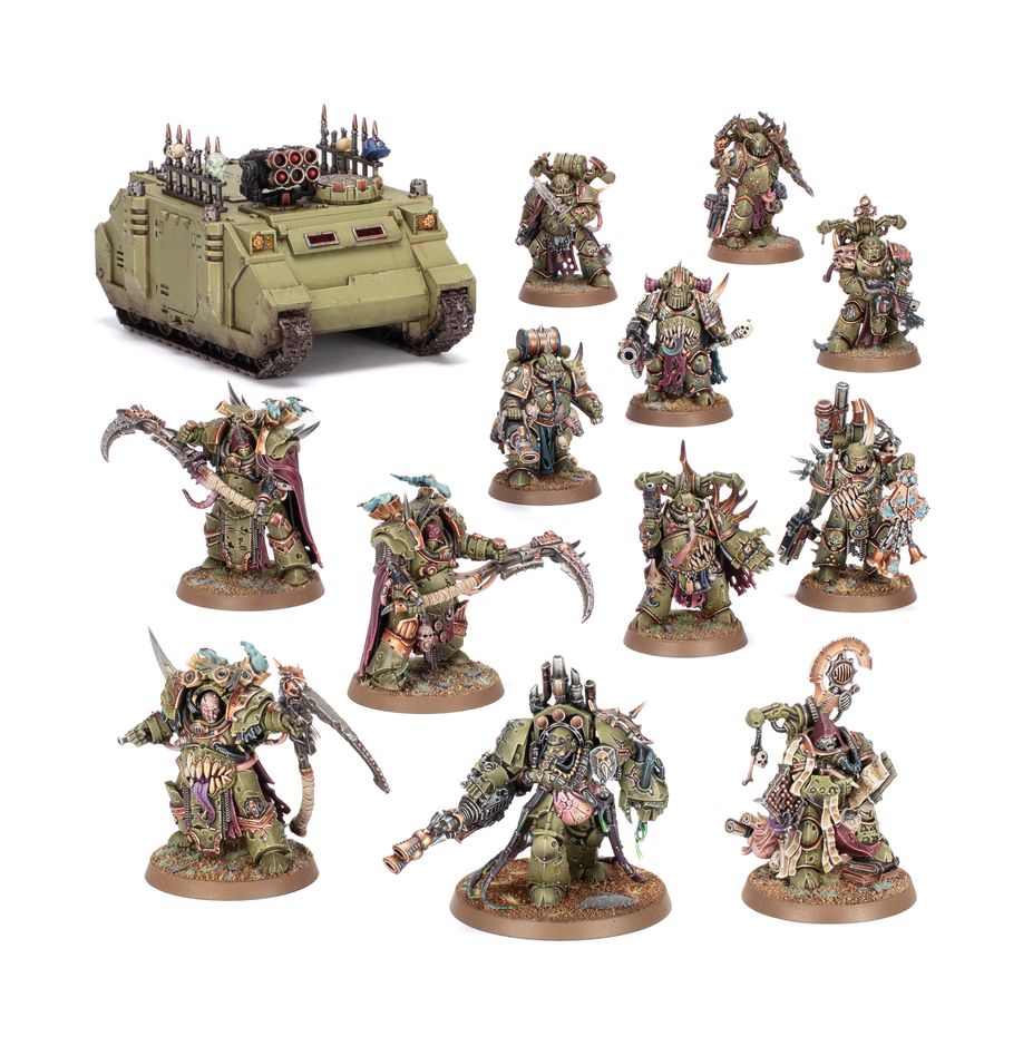 COMBAT PATROL: DEATH GUARD Sholgor el Pútrido es un Señor de la Virulencia que lidera a su desvencijada banda de la Guardia de la Muerte a la batalla rodeado por una escolta de Exterminadores Sudario de Muerte. avanzando de forma implacable mientras sus tumefactas fuerzas de Marines de Plaga disparan andanadas fulminantes con el apoyo de sus corruptos Rhinos. Entretanto, Séptimol Fulg, el Cuentaplagas, va tomando nota de su cosecha.