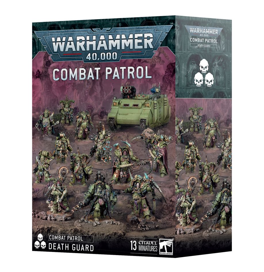 COMBAT PATROL: DEATH GUARD Sholgor el Pútrido es un Señor de la Virulencia que lidera a su desvencijada banda de la Guardia de la Muerte a la batalla rodeado por una escolta de Exterminadores Sudario de Muerte. avanzando de forma implacable mientras sus tumefactas fuerzas de Marines de Plaga disparan andanadas fulminantes con el apoyo de sus corruptos Rhinos. Entretanto, Séptimol Fulg, el Cuentaplagas, va tomando nota de su cosecha.