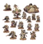 DEATH GUARD BATTLEFORCE: POXWROUGHT VECTOR Los ejércitos de la Guardia de la Muerte se forman de la misma manera que una herida se coagula con costras escabrosas: los pesados guerreros se aglutinan hasta que un líder les indica adónde deben ir. Al frente va un Señor de las Viruelas, emanando gases nocivos de la turbina a su espalda y seguido por el ejército. La maquinaria pesada remueve la tierra hasta convertirla en un lodo bilioso por el que avanzan chapoteando unos Marines Espaciales hinchados y corrompidos.
