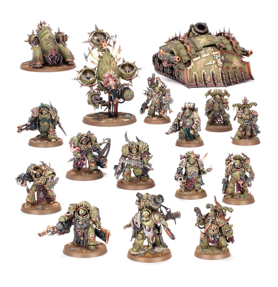 DEATH GUARD BATTLEFORCE: POXWROUGHT VECTOR Los ejércitos de la Guardia de la Muerte se forman de la misma manera que una herida se coagula con costras escabrosas: los pesados guerreros se aglutinan hasta que un líder les indica adónde deben ir. Al frente va un Señor de las Viruelas, emanando gases nocivos de la turbina a su espalda y seguido por el ejército. La maquinaria pesada remueve la tierra hasta convertirla en un lodo bilioso por el que avanzan chapoteando unos Marines Espaciales hinchados y corrompidos.