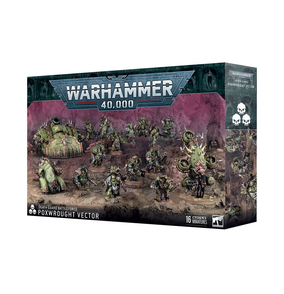 DEATH GUARD BATTLEFORCE: POXWROUGHT VECTOR Los ejércitos de la Guardia de la Muerte se forman de la misma manera que una herida se coagula con costras escabrosas: los pesados guerreros se aglutinan hasta que un líder les indica adónde deben ir. Al frente va un Señor de las Viruelas, emanando gases nocivos de la turbina a su espalda y seguido por el ejército. La maquinaria pesada remueve la tierra hasta convertirla en un lodo bilioso por el que avanzan chapoteando unos Marines Espaciales hinchados y corrompidos.