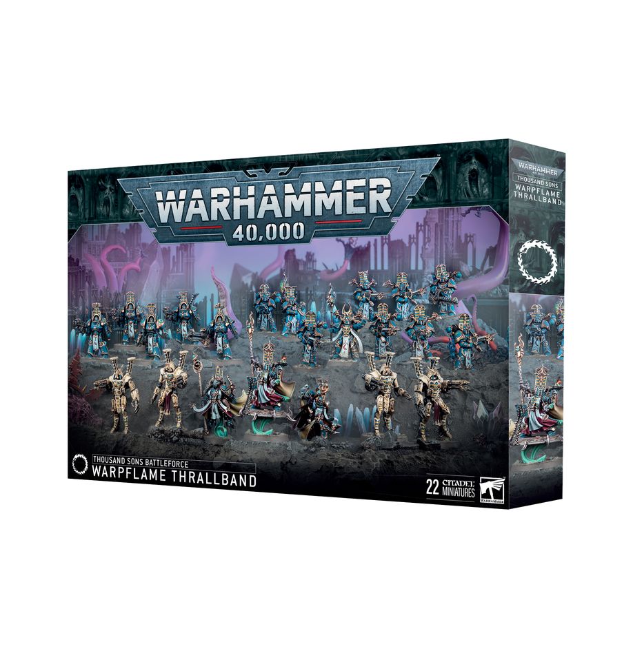 Warpflame thrallband: thousand sons battleforce. Los hechiceros de los mil hijos lideran a sus tropas con la habilidad de un marionetista, moviéndolas por el campo de batalla como piezas sobre un tablero que solo ellos pueden ver. Los marines rúbrica, ataviados con servoarmaduras y armaduras exterminador, marchan al unísono junto a enormes robots sekhetar, constructos infernales imbuidos de potentes conjuros. Esta completa caja contiene una fuerza de los mil hijos para warhammer 40,000. Liderados por tres hechiceros exaltados y apoyados por robots sekhetar y exterminadores escarabeo oculto, son una fuerza letal en manos de un general capaz. Completa la fuerza una unidad de marines rúbrica, ideales para tomar objetivos y reforzar tu potencia de fuego con sus armas pesadas y especiales. Los robots sekhetar están armados con lanzallamas pesados disformes, baterías fuego infernal y rifles de fusión piroflujo. El rifle de fusión piroflujo puede cambiarse por un proyector de llamas disformes y una terrible garra de energía. Los marines rúbrica pueden equiparse con bólteres infierno o lanzallamas disformes. Uno puede montarse con un letal cañón cosechaalmas y otro puede portar un icono de llamas. El aspirante hechicero que los lidera puede equiparse con una pistola bólter infierno o una pistola de llamas disformes, como el resto de la unidad. Los exterminadores escarabeo oculto están armados con combibólteres infierno y un khopesh prosperiano. Una miniatura puede equiparse con un lanzallamas pesado disforme, un cañón cosechaalmas o una batería fuego infernal. El hechicero escarabeo oculto con báculo puede equiparse con un combibólter infierno o un khopesh prosperiano. Independientemente de cómo elijas montarlos, esta caja es un modo fantástico de empezar un ejército de mil hijos o ampliar tu colección con un versátil set de impresionantes miniaturas al tiempo que ahorras, si lo comparas con comprar cada kit por separado. La caja también trae en primicia las miniaturas de robots sekhetar.