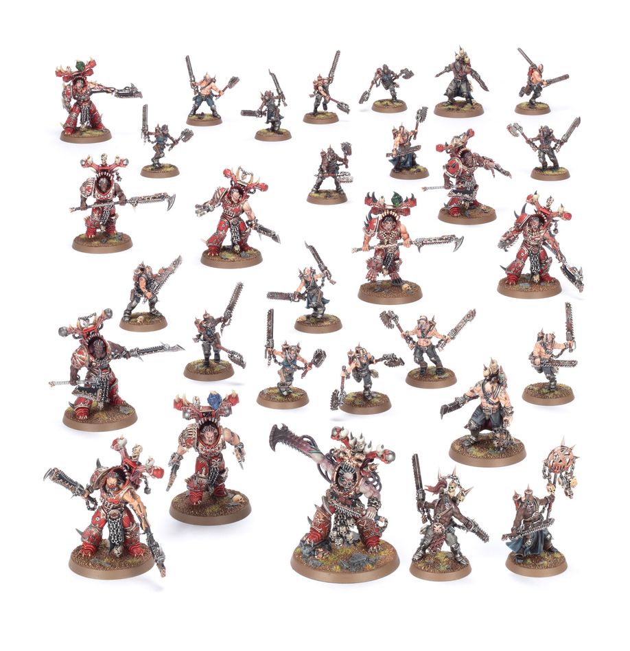 WORLD EATERS BATTLEFORCE: GORESTORM SLAUGHTERPACK Los Devoradores de Mundos se han entregado por completo a Khorne. Algunos incluso permiten que entidades daemónicas los posean, otorgándoles un poder que va mucho más allá de sus limitaciones mortales. Tal es el caso de los Masacrejurados: una suerte de líderes que comparten sus cuerpos con el espíritu de un Devorador de Almas, que los muta y deforma hasta convertirlos en poco más que un arsenal viviente de espadas, garras y dientes rugientes. Sigue su estela un bestiario de guerreros furibundos, deseosos de desgarrar a sus enemigos miembro a miembro.