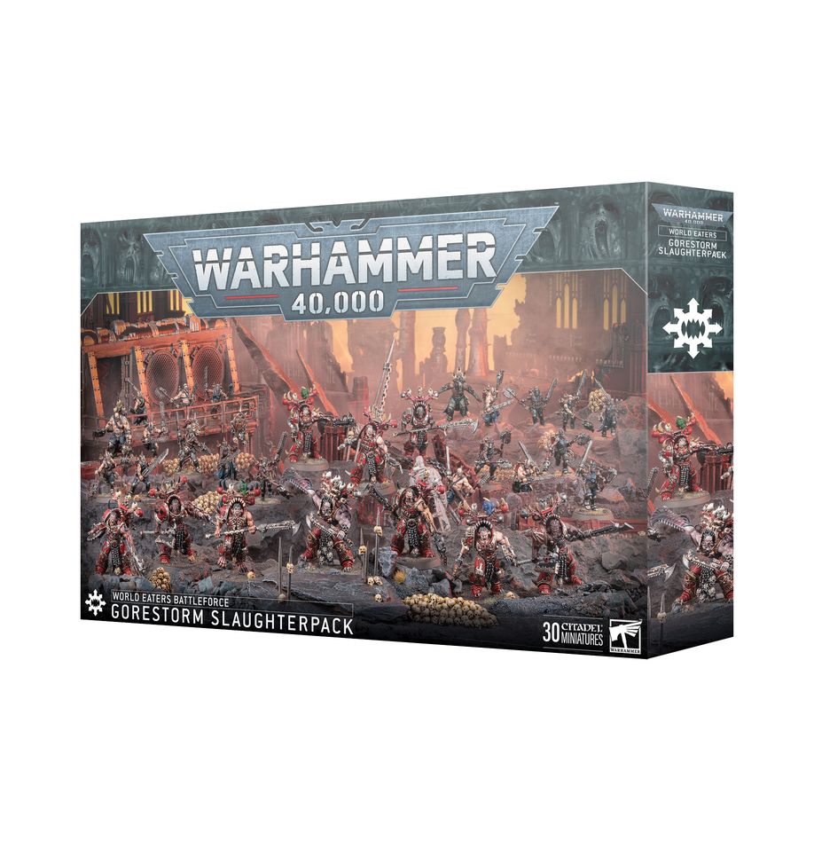 WORLD EATERS BATTLEFORCE: GORESTORM SLAUGHTERPACK Los Devoradores de Mundos se han entregado por completo a Khorne. Algunos incluso permiten que entidades daemónicas los posean, otorgándoles un poder que va mucho más allá de sus limitaciones mortales. Tal es el caso de los Masacrejurados: una suerte de líderes que comparten sus cuerpos con el espíritu de un Devorador de Almas, que los muta y deforma hasta convertirlos en poco más que un arsenal viviente de espadas, garras y dientes rugientes. Sigue su estela un bestiario de guerreros furibundos, deseosos de desgarrar a sus enemigos miembro a miembro.