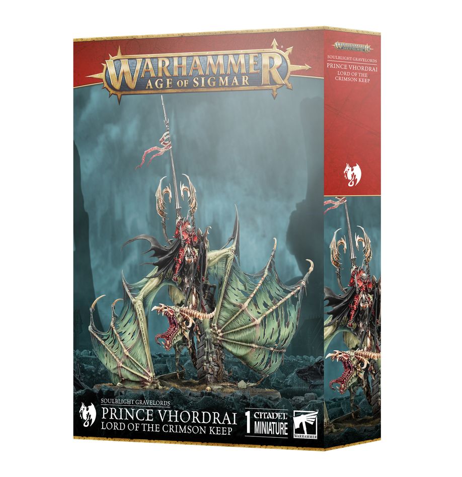 SOULDLIGHT GRAVELORDS: PRINCE VHORDRAI, LORD OF THE CRIMSON KEEP. El Príncipe Vhordrai es el caballero vampiro más temido que existe, el legendario castellano (y prisionero) de la Torre Carmesí.  Cuando es liberado de su fortaleza maldita para hacer la guerra contra los mortales, Vhordrai monta a lomos del draconita no muerto Shordemaire.  Esta bestia ancestral puede fundir carne y metal con su aliento pestilente antes de descender en picado para que su amo pueda ensartar a cualquier superviviente con su Lanza de sangre