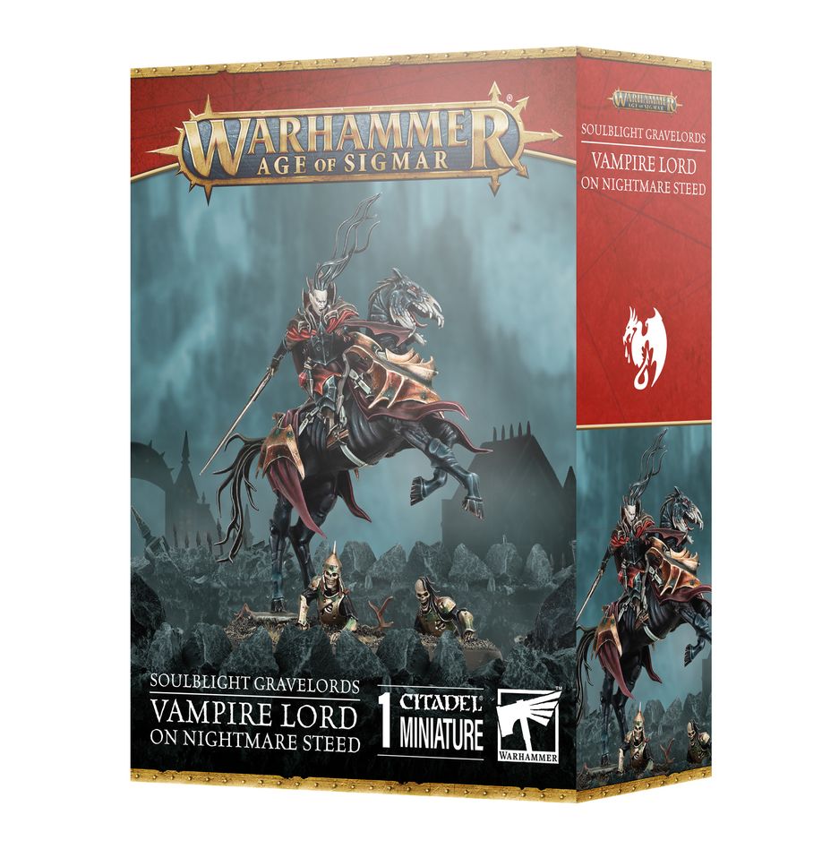 SOULDLIGHT GRAVELORDS: VAMPIRE LORD ON NIGHTMARE STEED. Los Señores Vampiro en Pesadilla abren sangrientos senderos entre las filas enemigas con cada carga atronadora. Las pezuñas herradas de la bestia aplastan pecheras y hunden a los enemigos en el fango mientras su jinete no muerto ataca con espada o hacha, sajando gargantas con cada golpe.