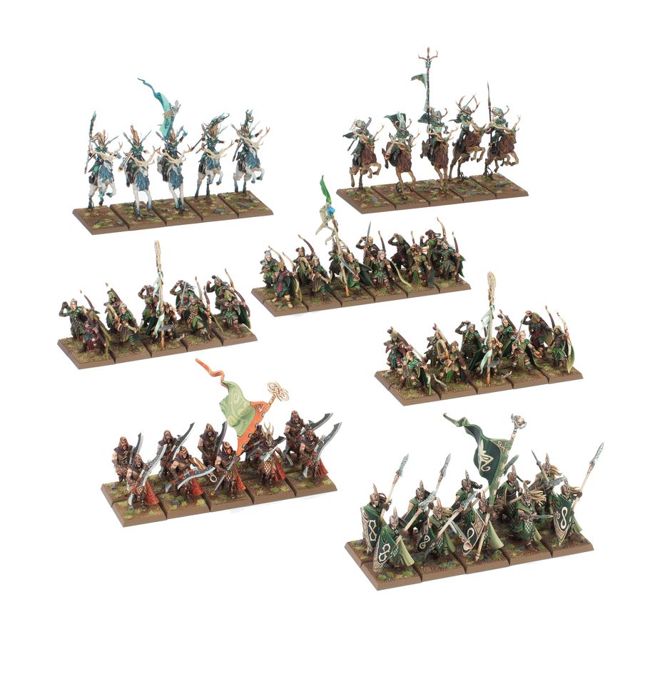 WOOD ELF REALMS BATTALION. Los ejércitos de los Elfos Silvanos se alzan de forma natural en tiempos de guerra. Tropas de toda índole convergen el centro del conflicto y sus gentes de a pie desempolvan los arcos largos y las lanzas para ponerse al servicio de sus Señores del Claro. Incluso los más humildes guerreros poseen una gracia y una habilidad que los convierten en una amenaza para cualquier enemigo. Con esta caja puedes montar el núcleo de un ejército de Wood Elf Realms para Warhammer: The Old World. Los Wild Riders y las Sisters of the Thorn, su caballería de élite, lideran la carga mientras los Wildwood Rangers y la Eternal Guard actúan como tropas de choque. Una numerosa unidad de la Glade Guard, armada con Asrai longbows, brinda apoyo al resto del ejército. Los Wildwood Rangers o la Eternal Guard pueden montarse como una unidad grande o como dos unidades de diez guerreros, cada una con su propio champion, standard bearer y musician opcionales. Las cabezas y armas son intercambiables y la Eternal Guard puede equiparse con escudos opcionales.
