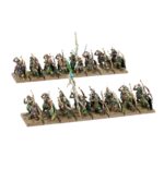 WOOD ELF REALMS BATTALION. Los ejércitos de los Elfos Silvanos se alzan de forma natural en tiempos de guerra. Tropas de toda índole convergen el centro del conflicto y sus gentes de a pie desempolvan los arcos largos y las lanzas para ponerse al servicio de sus Señores del Claro. Incluso los más humildes guerreros poseen una gracia y una habilidad que los convierten en una amenaza para cualquier enemigo. Con esta caja puedes montar el núcleo de un ejército de Wood Elf Realms para Warhammer: The Old World. Los Wild Riders y las Sisters of the Thorn, su caballería de élite, lideran la carga mientras los Wildwood Rangers y la Eternal Guard actúan como tropas de choque. Una numerosa unidad de la Glade Guard, armada con Asrai longbows, brinda apoyo al resto del ejército. Los Wildwood Rangers o la Eternal Guard pueden montarse como una unidad grande o como dos unidades de diez guerreros, cada una con su propio champion, standard bearer y musician opcionales. Las cabezas y armas son intercambiables y la Eternal Guard puede equiparse con escudos opcionales.