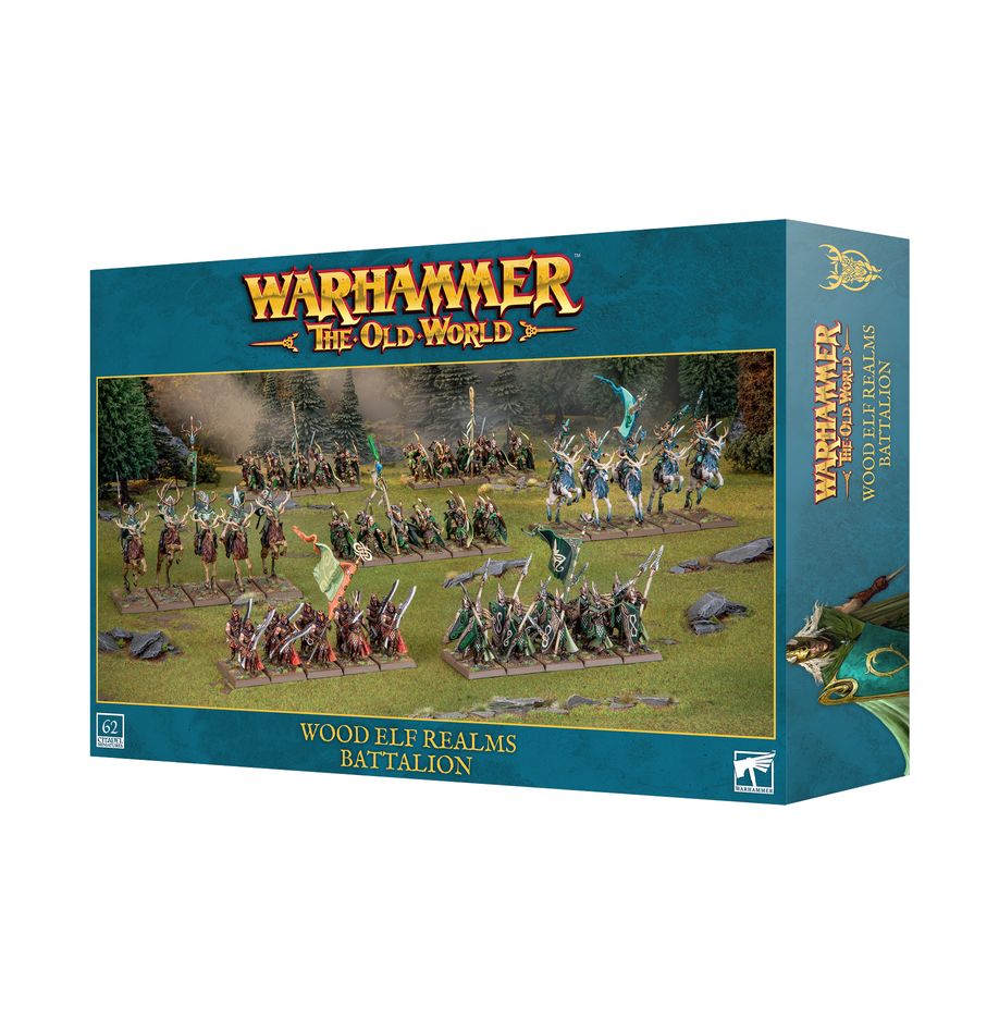 WOOD ELF REALMS BATTALION. Los ejércitos de los Elfos Silvanos se alzan de forma natural en tiempos de guerra. Tropas de toda índole convergen el centro del conflicto y sus gentes de a pie desempolvan los arcos largos y las lanzas para ponerse al servicio de sus Señores del Claro. Incluso los más humildes guerreros poseen una gracia y una habilidad que los convierten en una amenaza para cualquier enemigo. Con esta caja puedes montar el núcleo de un ejército de Wood Elf Realms para Warhammer: The Old World. Los Wild Riders y las Sisters of the Thorn, su caballería de élite, lideran la carga mientras los Wildwood Rangers y la Eternal Guard actúan como tropas de choque. Una numerosa unidad de la Glade Guard, armada con Asrai longbows, brinda apoyo al resto del ejército. Los Wildwood Rangers o la Eternal Guard pueden montarse como una unidad grande o como dos unidades de diez guerreros, cada una con su propio champion, standard bearer y musician opcionales. Las cabezas y armas son intercambiables y la Eternal Guard puede equiparse con escudos opcionales.