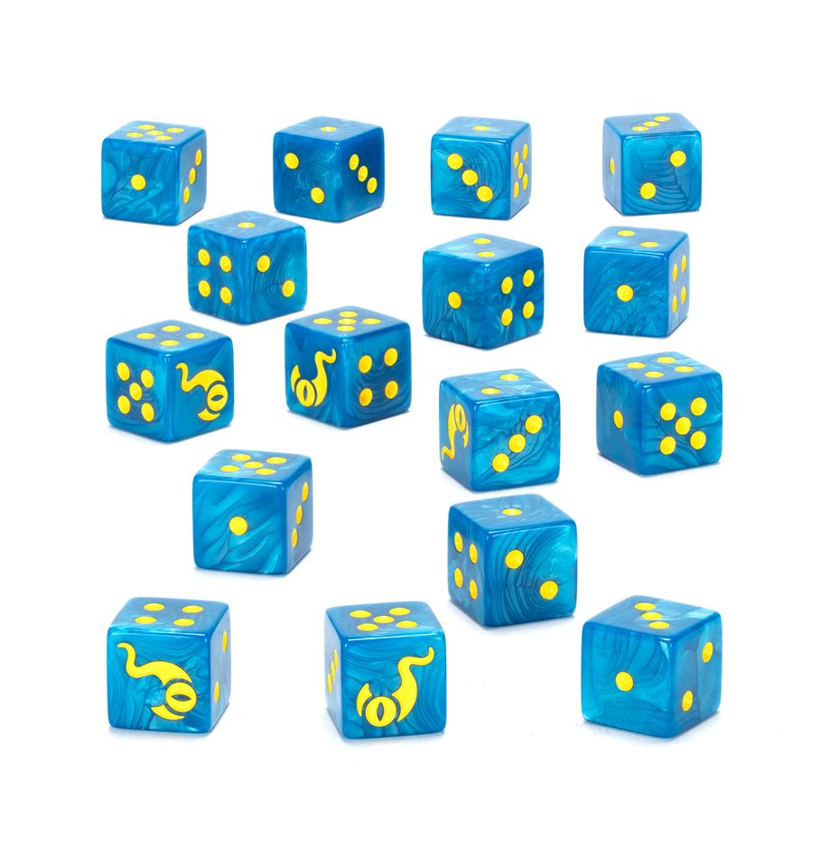 Thousand sons dice set. Los mil hijos son maestros de la magia que manipulan hasta el tiempo y el espacio para doblegar el universo a la voluntad de su dios, tzeentch. Un juego de 16 dados de seis caras con esquinas cuadradas para usar en partidas de warhammer 40,000, con la temática de los mil hijos. Están fabricados en plástico acrílico de color azul perlado con muescas en tinta amarilla y miden 16 mm de arista. Las caras del 1 al 5 están marcadas con los tradicionales puntos y la cara del 6 está adornada con el extraño icono de los mil hijos.