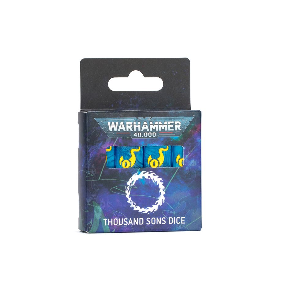 Thousand sons dice set. Los mil hijos son maestros de la magia que manipulan hasta el tiempo y el espacio para doblegar el universo a la voluntad de su dios, tzeentch. Un juego de 16 dados de seis caras con esquinas cuadradas para usar en partidas de warhammer 40,000, con la temática de los mil hijos. Están fabricados en plástico acrílico de color azul perlado con muescas en tinta amarilla y miden 16 mm de arista. Las caras del 1 al 5 están marcadas con los tradicionales puntos y la cara del 6 está adornada con el extraño icono de los mil hijos.