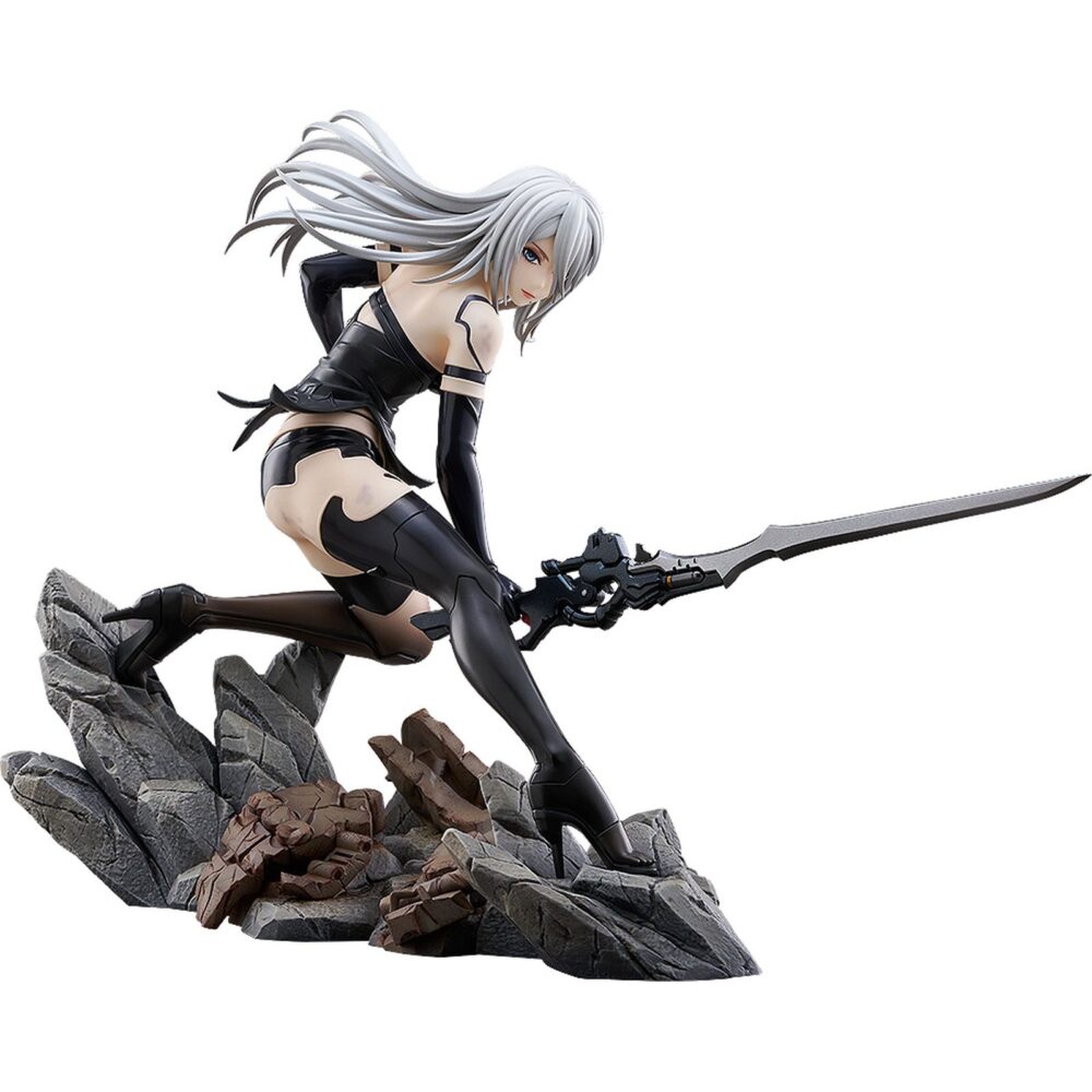 A2 nier: automata ver1. 1a 1/7. Max factory lanza esta estatua escala 1/7 de a2, personaje de anime "nier:automata ver1. 1a".   la figura representa a la androide de yorha modelo a2 en una pose dinámica, con su arma type-40 blade en mano.   se muestra con su melena al viento y las manchas de combate en su cuerpo. La base incluye rocas y restos de máquinas como parte del entorno.   fabricada en pvc, mide aproximadamente 20 cm de altura.