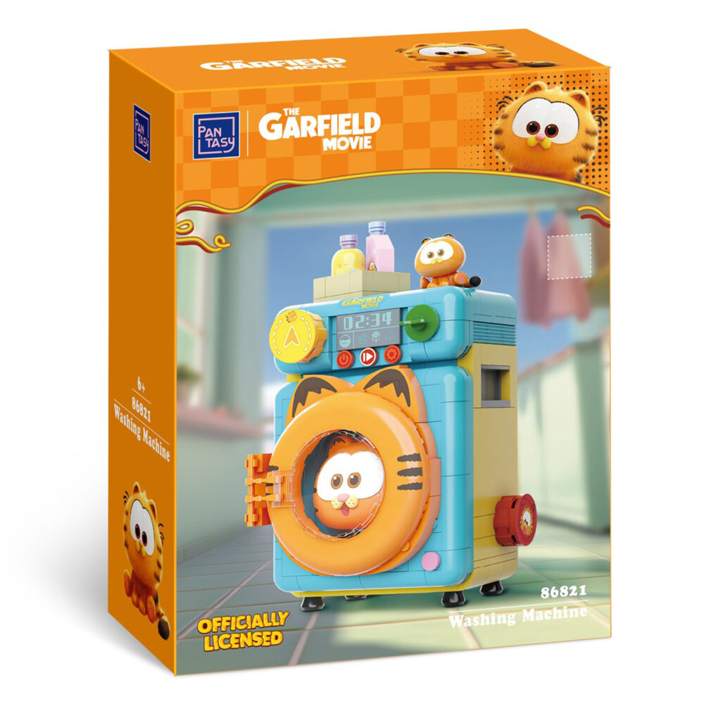 Washing machine set construccion garfield the movie fantastic machines series. Pantasy presenta, dentro de la colección fantastic machines series, este set de construcción de washing machine, basado en el personaje de la película “garfield”. Tiene unas medidas de 18 x 13 x 10,5 cm y está inspirado en una autentica lavadora. El set está formado por 284 piezas y requiere de 1 hora aproximadamente para su montaje. La tapa transparente se puede abrir y mientras que el garfield del interior girará al manipular la rueda del lateral. Incluye la figura de un pequeño garfield y envases de detergente. Cuenta con una pantalla de control detallada con botones. Edad mínima recomendada 6 años.