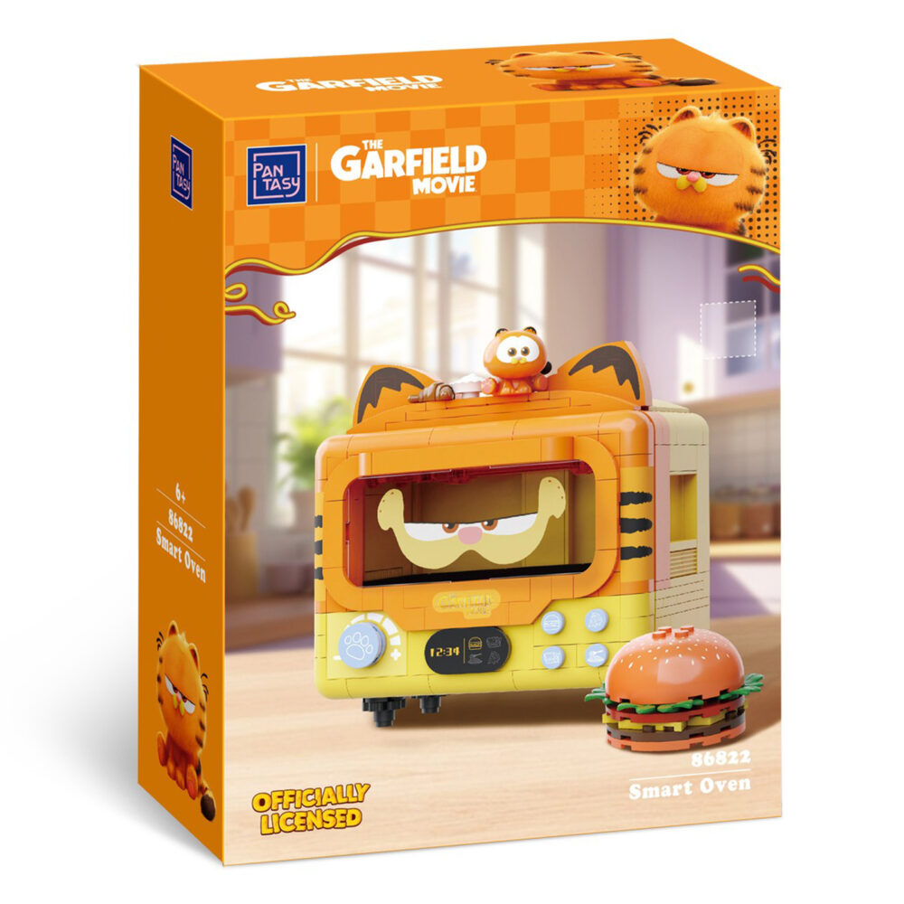 Smart oven set construccion garfield the movie fantastic machines series. Pantasy presenta, dentro de la colección fantastic machines series, este set de construcción de smart oven, basado en el personaje de la película “garfield”. Tiene unas medidas de 14 x 13 x 9 cm y está inspirado en una autentico horno. El set está formado por 278 piezas y requiere de 1 hora aproximadamente para su montaje. Incluye la figura de un pequeño garfield, minifiguras reposteras, una hamburguesa y la bandeja extraíble. La puerta del horno es abatible y cuenta con un diseño de un garfield sonriente y un panel de control detallado. Edad mínima recomendada 6 años.
