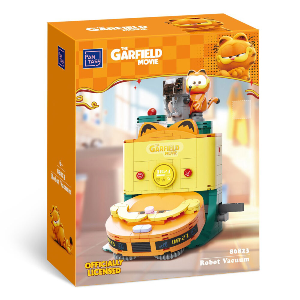 Robot vacuum set construccion garfield the movie fantastic machines series. Pantasy presenta, dentro de la colección fantastic machines series, este set de construcción de robot vacuum, basado en el personaje de la película “garfield”. Tiene unas medidas de 16,5 x 12 x 12 cm y está inspirado en un autentico robot aspirador. El set está formado por 304 piezas y requiere de 1 hora aproximadamente para su montaje. La figura de garfield se encuentra trabajando sobre la zona de carga del robot. Cuenta con un tanque de agua renovable extraíble y al tirar de la palanca, el robot aspirador con diseño de garfield sale disparado de la zona de carga. Edad mínima recomendada 6 años.