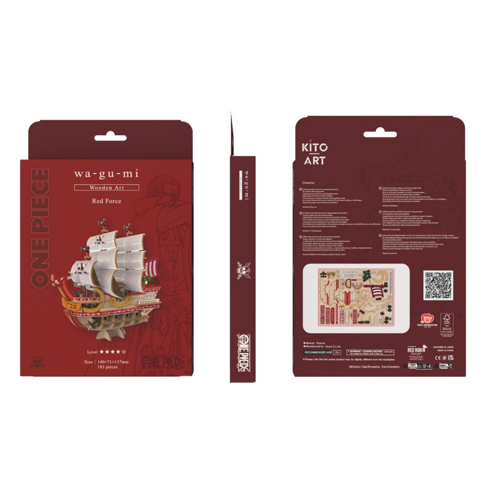 Red force set montaje one piece wa-gu-mi wooden art. El red force, legendario navío de los piratas del pelirrojo cuyo capitán es shanks, se erige como símbolo de fuerza y lealtad con este set de montaje. Una vez montado tiene unas medidas de 14 x 14 x 7 cm y está basado en su aparición en el anime "one piece". El set de la colección wa-gu-mi wooden art de kito art está formado por 183 piezas de madera contrachapada precortadas por láser y pintadas, distribuidas en 4 paneles de 17 x 13 cm. Incluye manual de instrucciones. Se presenta en una caja con ranura para colgar en el punto de venta.