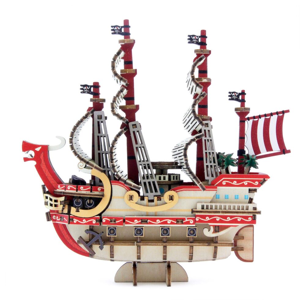 Red force set montaje one piece wa-gu-mi wooden art. El red force, legendario navío de los piratas del pelirrojo cuyo capitán es shanks, se erige como símbolo de fuerza y lealtad con este set de montaje. Una vez montado tiene unas medidas de 14 x 14 x 7 cm y está basado en su aparición en el anime "one piece". El set de la colección wa-gu-mi wooden art de kito art está formado por 183 piezas de madera contrachapada precortadas por láser y pintadas, distribuidas en 4 paneles de 17 x 13 cm. Incluye manual de instrucciones. Se presenta en una caja con ranura para colgar en el punto de venta.