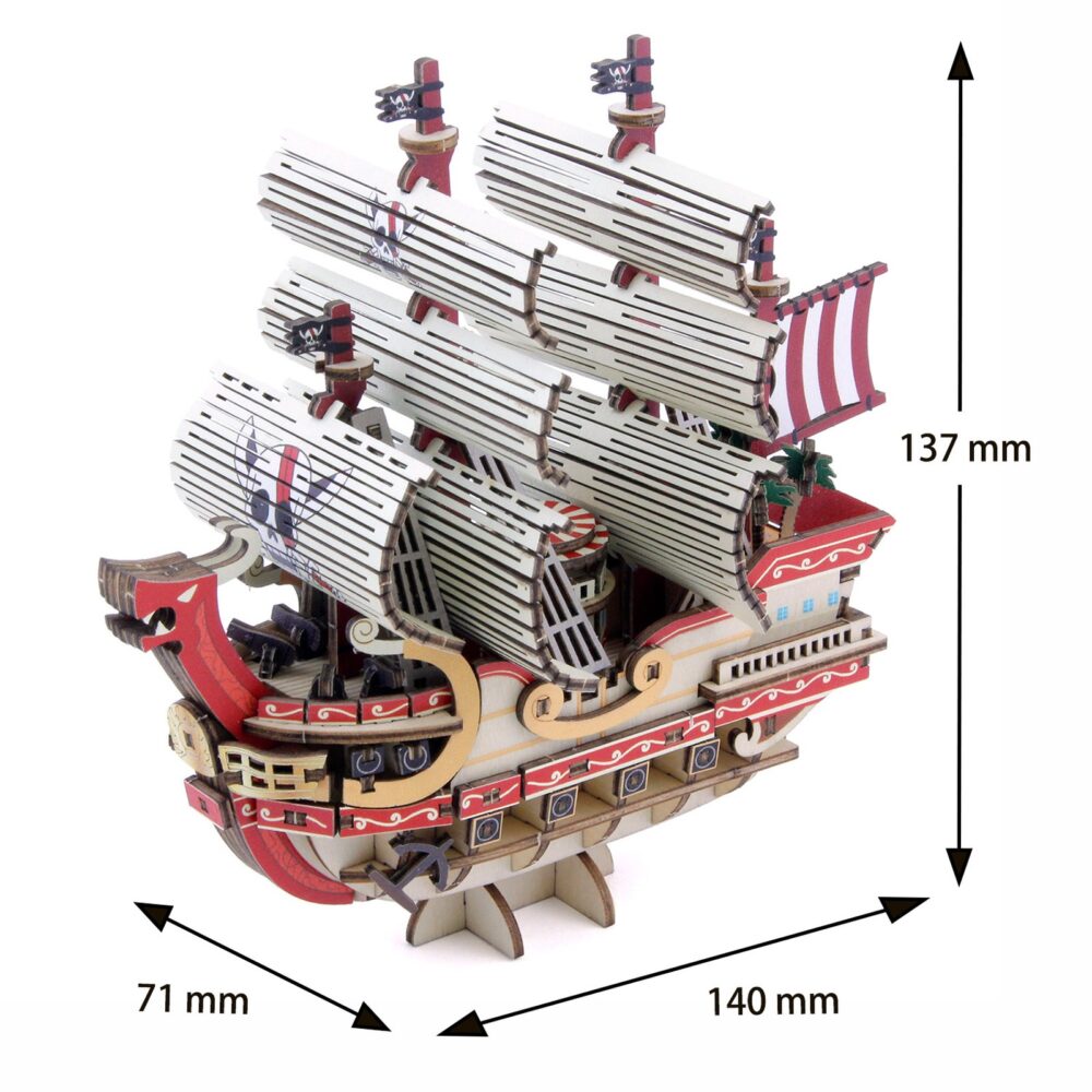 Red force set montaje one piece wa-gu-mi wooden art. El red force, legendario navío de los piratas del pelirrojo cuyo capitán es shanks, se erige como símbolo de fuerza y lealtad con este set de montaje. Una vez montado tiene unas medidas de 14 x 14 x 7 cm y está basado en su aparición en el anime "one piece". El set de la colección wa-gu-mi wooden art de kito art está formado por 183 piezas de madera contrachapada precortadas por láser y pintadas, distribuidas en 4 paneles de 17 x 13 cm. Incluye manual de instrucciones. Se presenta en una caja con ranura para colgar en el punto de venta.