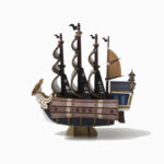 SABER OF XEBEC SET MONTAJE ONE PIECE WA-GU-MI WOODEN ART. El Saber of Xebec, uno de los barcos más temibles del anime "One Piece", representa el poder, la ambición y la fuerza de la tripulación de Barbanegra. Este set de montaje de la colección wa-gu-mi Wooden Art de Kito Art tiene unas medidas de 14 x 10 x 13 cm una vez montado. El set está formado por 115 piezas de madera contrachapada precortadas por láster y pintadas, distribuidas en 4 paneles de 17 x 13 cm. Incluye manual de instrucciones. Se presenta en una caja con ranura para colgar en el punto de venta.